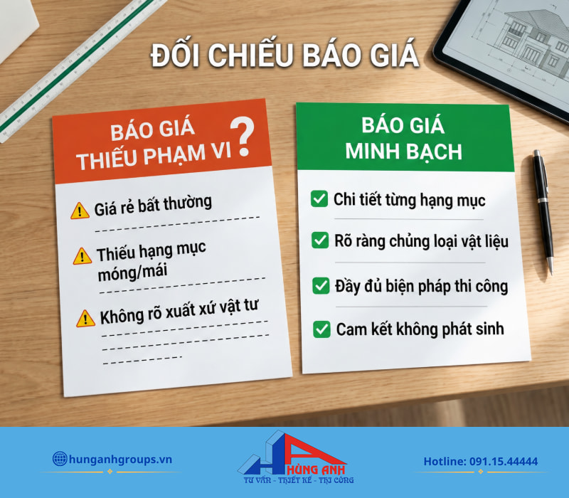 Đối chiếu chi tiết từng hạng mục giữa các báo giá giúp phát hiện khoản loại trừ và hạn chế tối đa nguy cơ đội vốn.