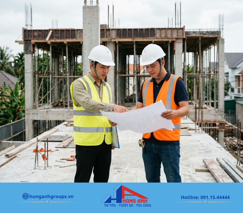 Kỹ sư giám sát đối chiếu bản vẽ tại công trình, bảo đảm chất lượng kết cấu chuẩn kỹ thuật trước khi thanh toán.