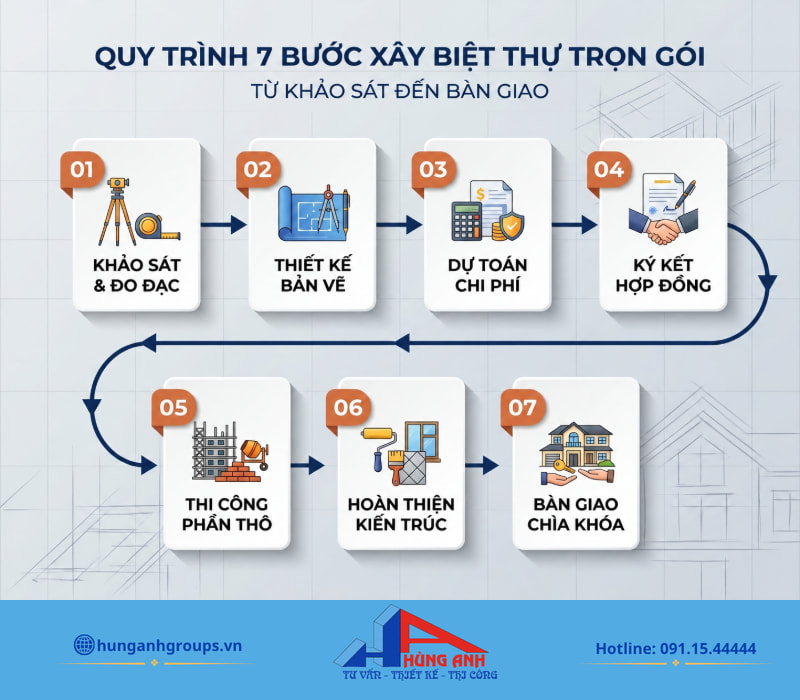 Quy trình thi công 7 bước rõ ràng giúp gia chủ chủ động kiểm soát tiến độ và chuẩn bị dòng tiền từng giai đoạn.