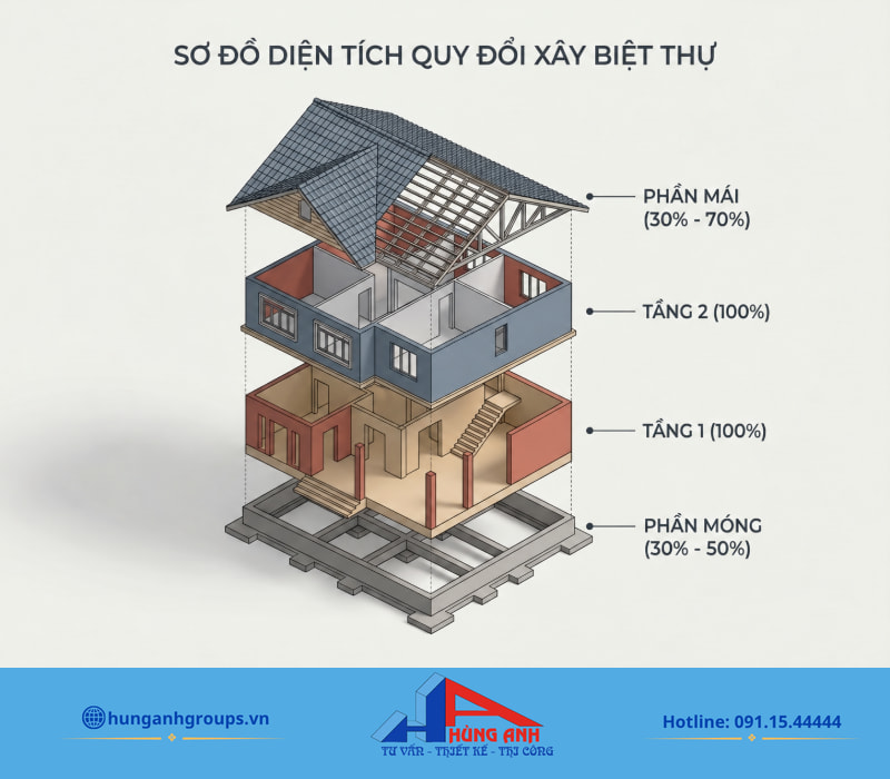Sơ đồ bóc tách móng, 2 tầng và hệ mái giúp xác định chuẩn xác diện tích quy đổi để lập dự toán sát thực tế.
