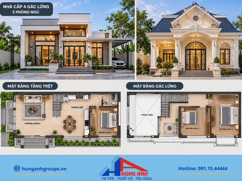 Xây Nhà Cấp 4 Gác Lửng Trọn Gói – Giá Từ 4,5Tr/m² 2026 Bố trí không gian gác lửng 2 phòng ngủ tiện nghi cho gia đình trẻ.