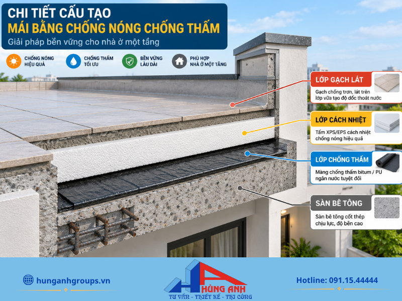 Xây Nhà Cấp 4 Mái Bằng Trọn Gói 2026 – Báo Giá A-Z Thi công chống thấm và chống nóng đúng kỹ thuật ngay từ đầu giúp mái bằng luôn bền đẹp, mát mẻ và không lo thấm dột.