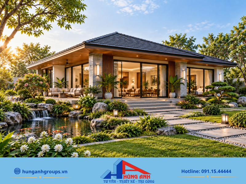Mẫu nhà cấp 4 sân vườn hiện đại với hệ cửa kính tối ưu ánh sáng.