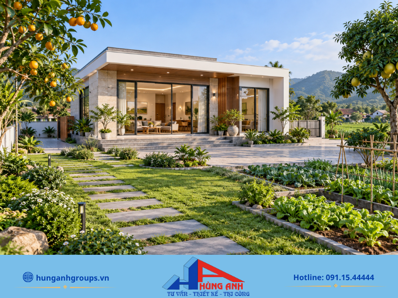 Thiết kế nhà cấp 4 mái bằng hiện đại, phù hợp với cảnh quan nông thôn.