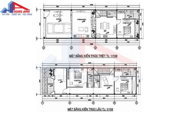 Bản vẽ nhà vuông 2 tầng 3 phòng ngủ