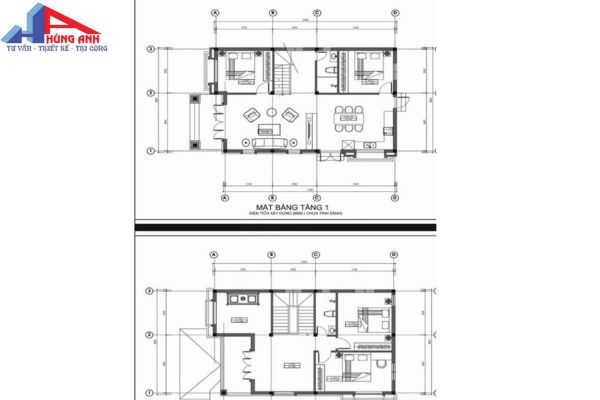 Bản vẽ nhà vuông 2 tầng 4 phòng ngủ