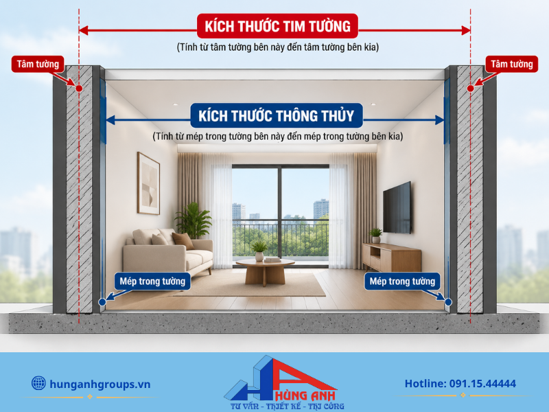Diện tích thông thủy là phần không gian sử dụng thực tế bên trong căn hộ, không tính tường bao và cột chịu lực.