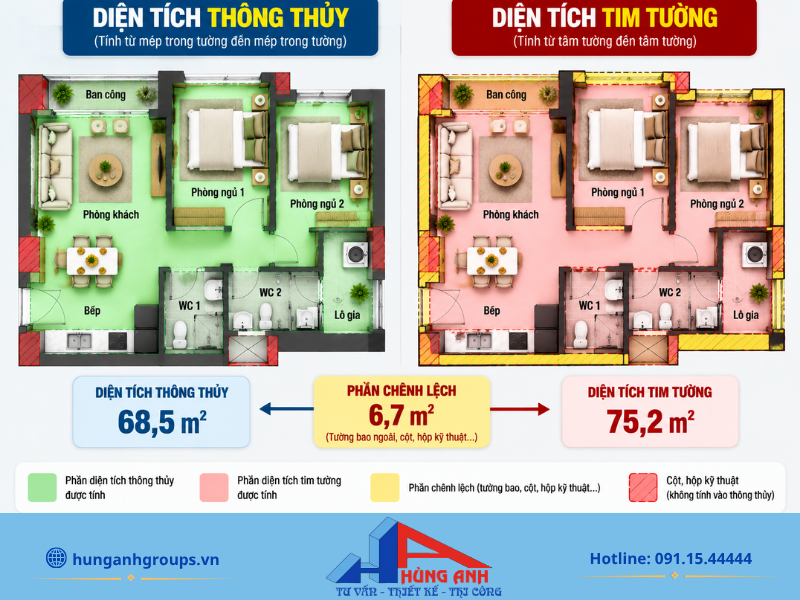 Phân biệt rõ ràng giữa cách đo diện tích thông thủy (từ mép trong) và diện tích tim tường (từ tâm tường).