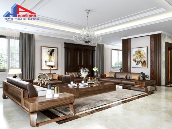 nội thất phòng khách biệt thự gỗ óc chó