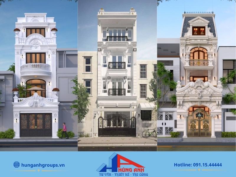 Xây nhà ống mặt tiền 5m trọn gói thiết kế và hoàn thiện Phối cảnh nhà phố tân cổ điển 4 tầng mặt tiền 5m sử dụng hệ cột thông tầng bề thế