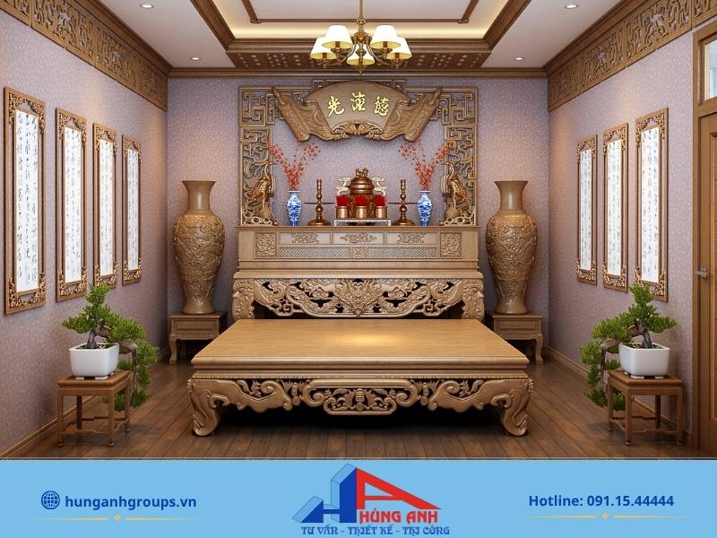 Sử dụng ánh sáng vàng dịu nhẹ mang lại cảm giác ấm cúng, tôn nghiêm cho không gian thờ tự.