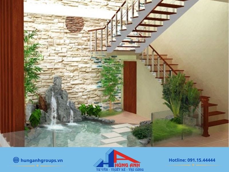 Thiết kế giếng trời kết hợp tiểu cảnh ướt và hồ cá koi cân bằng âm dương