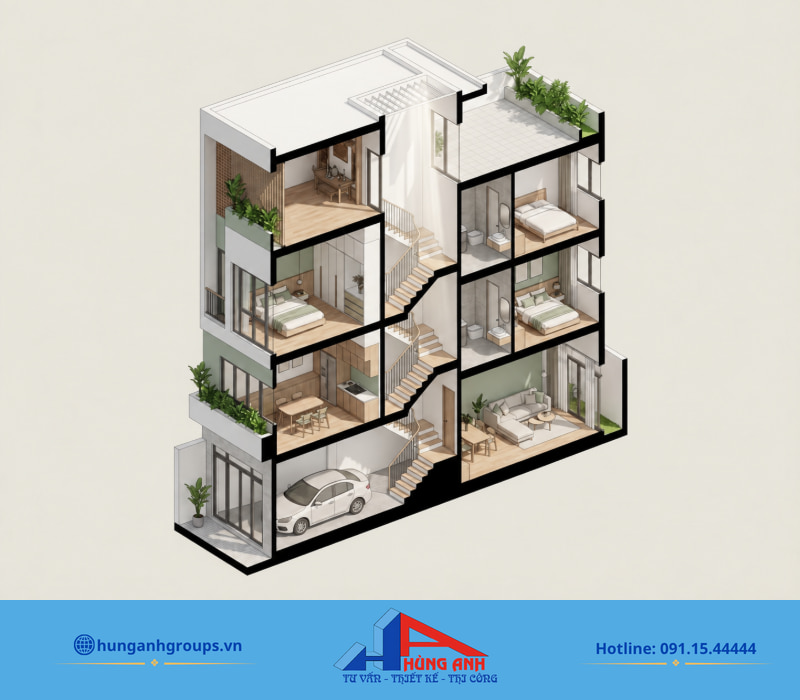 Mặt cắt 4 tầng phân chia công năng khoa học và tối ưu ánh sáng tự nhiên từ giếng trời.