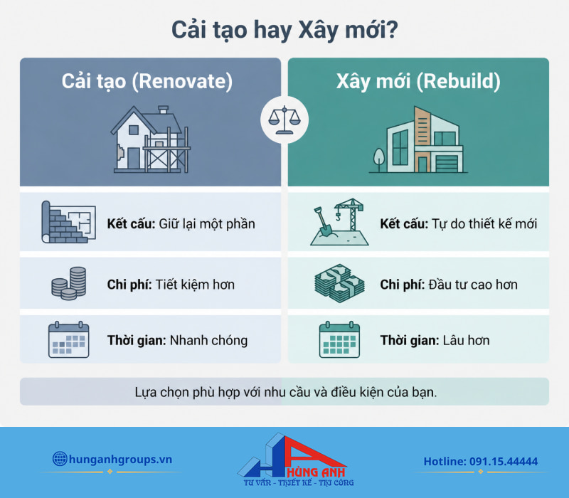 So sánh kết cấu và chi phí giúp gia chủ chọn đúng giữa cải tạo hay xây mới nhà 4 tầng.