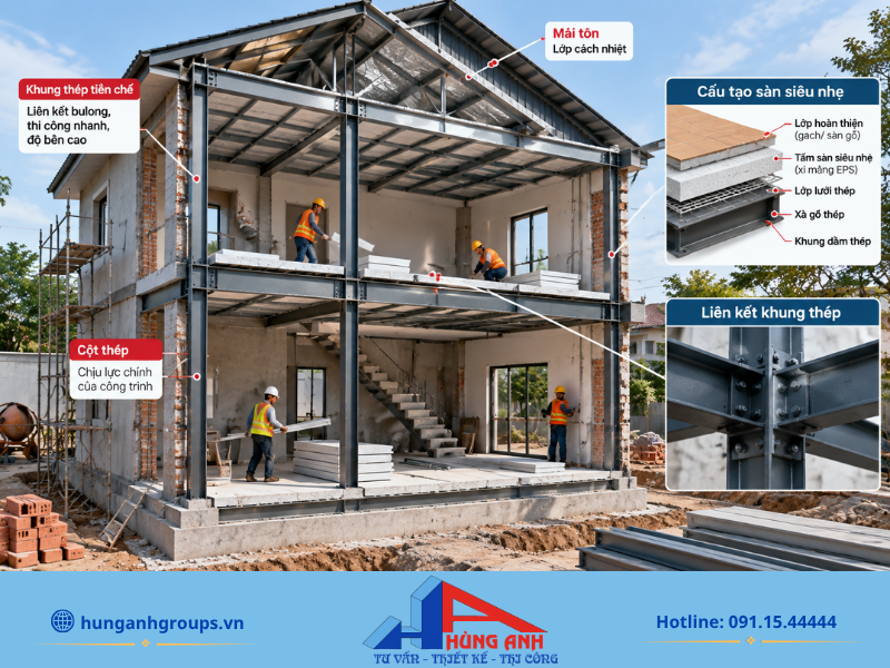 Có ba nhóm giải pháp chính gồm kết cấu bê tông cốt thép, khung thép kết hợp vật liệu nhẹ và giải pháp sàn nhẹ.