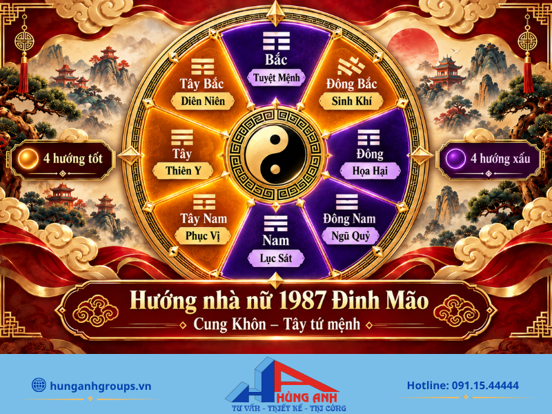 Sơ đồ các hướng nhà mang lại vượng khí và những hướng hung dành cho nữ mạng Đinh Mão.