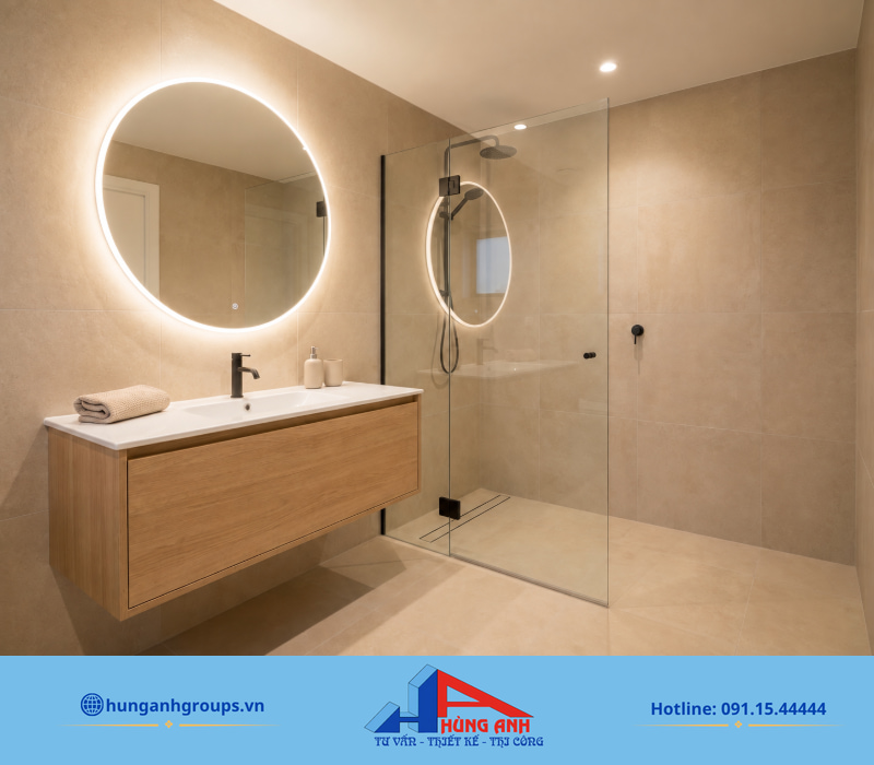 Mặt bằng phân tách khô ướt rõ ràng giúp khu lavabo luôn khô ráo, chống trơn trượt và bảo vệ độ bền tủ gỗ.