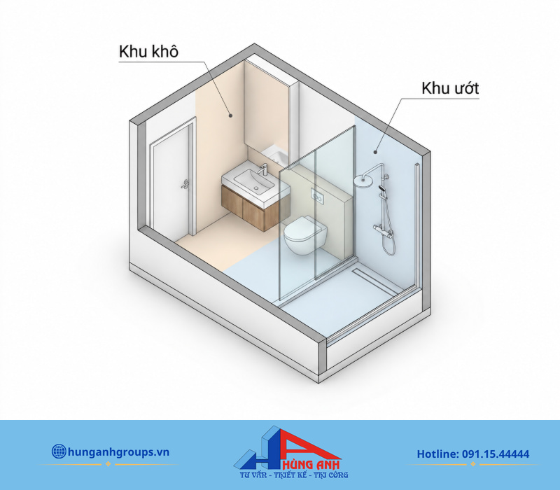 Mẫu phòng tắm hiện đại phân chia khô ướt khoa học, giữ lối đi thông thoáng và tăng tiện nghi sử dụng mỗi ngày.