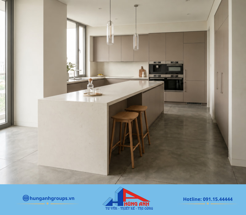 Đảo bếp cần giữ lối đi quanh bàn tối thiểu 1 mét để mở cánh tủ và ngăn kéo không bị vướng.