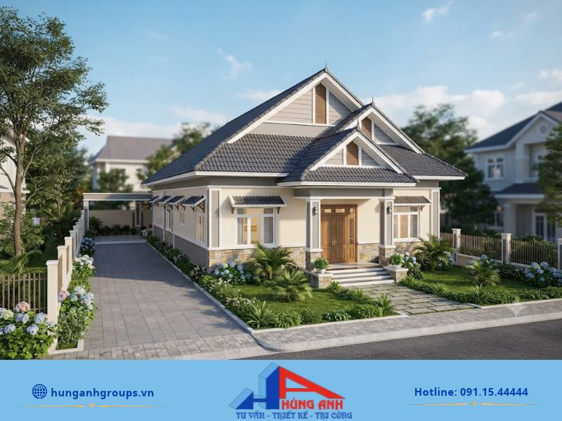 Mẫu nhà cấp 4 đẹp 5x20 mái Thái màu trung tính