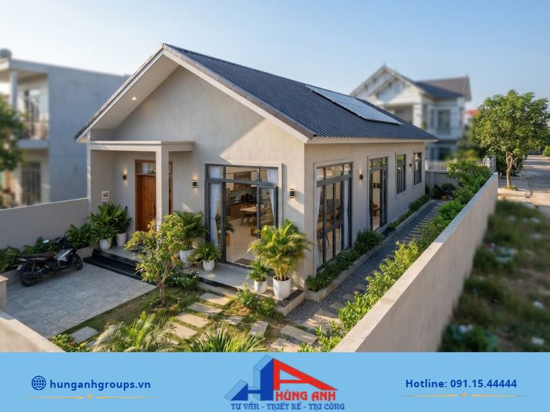 Mặt bằng nhà cấp 4 5x20 có 2 phòng ngủ và giếng trời
