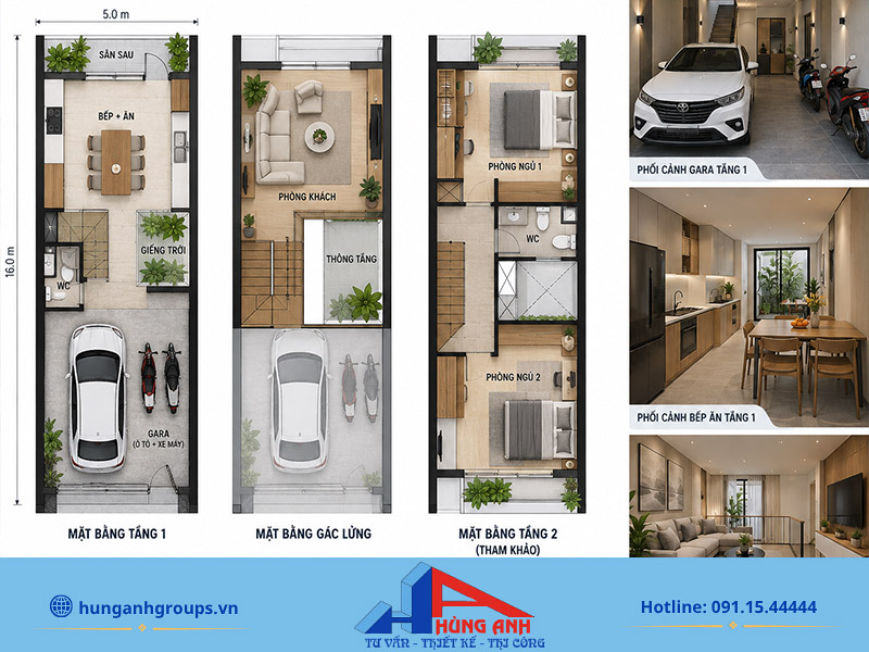 Muẫ thiết kế nhà 5x16 có gara với tầng 1 có bếp và WC