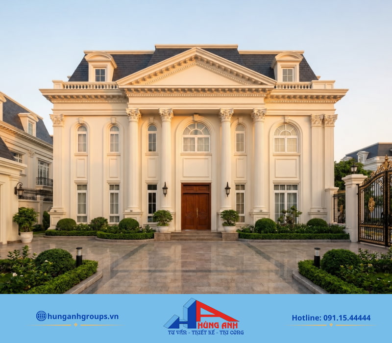 Biệt thự tân cổ điển mái mansard với hệ cột đối xứng uy nghi, khẳng định vị thế và đẳng cấp của gia chủ.