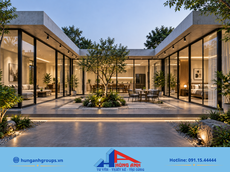 Mặt tiền kính cường lực toàn phần giúp không gian nhà hiện đại 170m² luôn ngập tràn ánh sáng.
