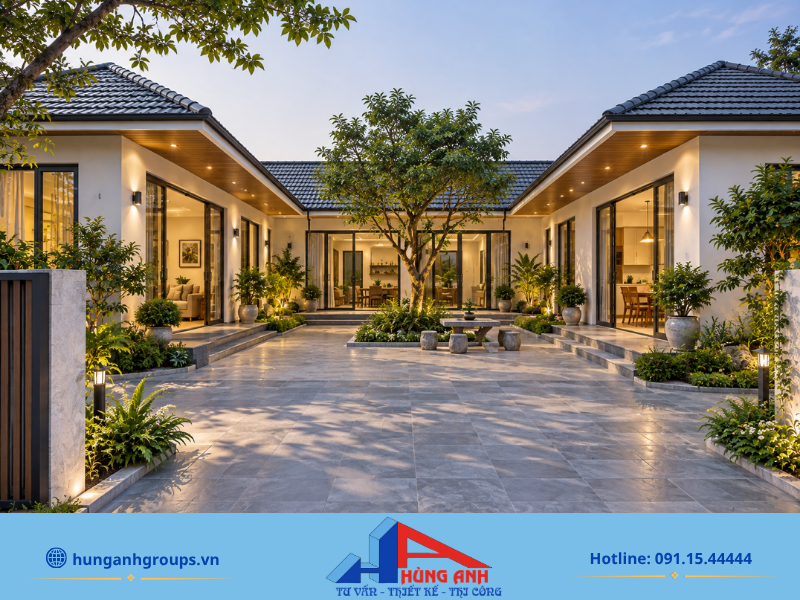 Mẫu nhà cấp 4 chữ U mái thái 150m² nổi bật với ngói đỏ truyền thống và 3 phòng ngủ tiện nghi.