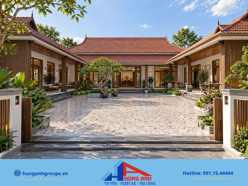 Thiết kế mái thái 180m² sang trọng với điểm nhấn là hệ lam gỗ nhựa composite ốp mặt tiền.