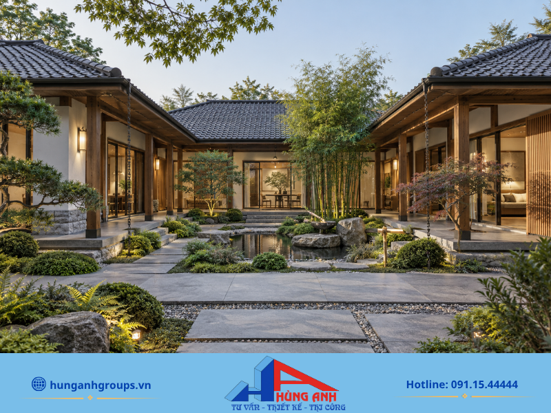 Mẫu nhà mái Nhật 130m² mang phong cách Á Đông với hệ khung gỗ lộ thiên và sân vườn thiền yên bình.