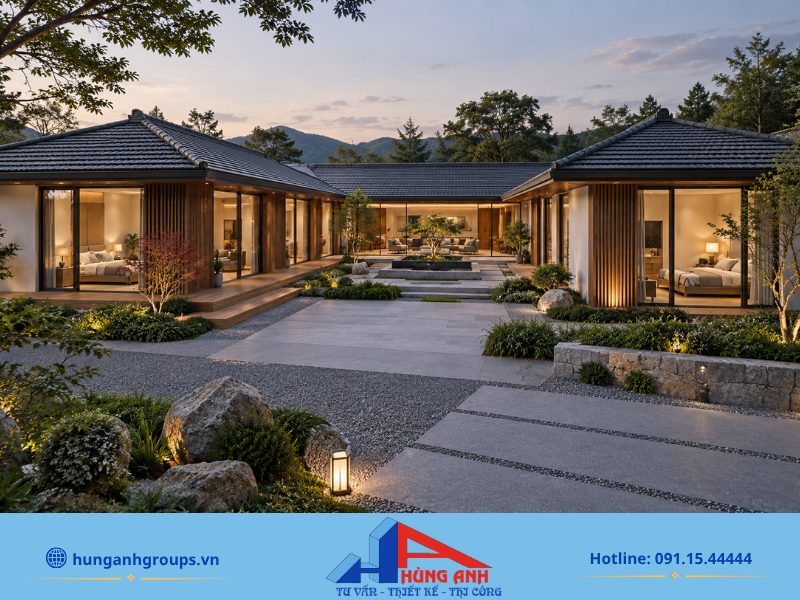 Không gian mở hiện đại của nhà chữ U mái Nhật 160m² với hệ thống cửa kính lùa chạy dọc hành lang.