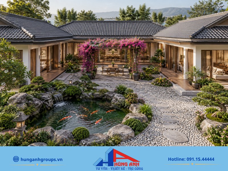 Ngôi nhà chữ U 200m² chan hòa với thiên nhiên nhờ khoảng sân trung tâm rộng 40m² và hồ cá koi.