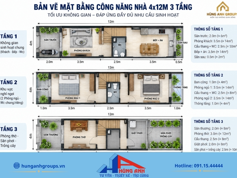 Top 99+ Mẫu Nhà Ống 3 Tầng 4x12m Hiện Đại, Tối Ưu Công Năng Tư vấn bản vẽ mặt bằng công năng nhà 4x12m 3 tầng