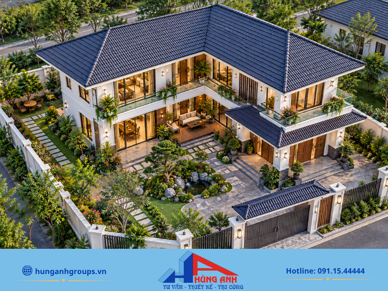 Thiết kế nhà mái Nhật 2 tầng chữ L giúp tận dụng hiệu quả diện tích đất và tạo không gian mở thông thoáng.