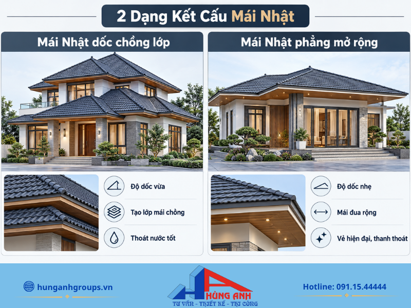 Minh họa các dạng kết cấu mái ngói dốc chồng lớp và mái ngói phẳng mở rộng đặc trưng của nhà mái Nhật.