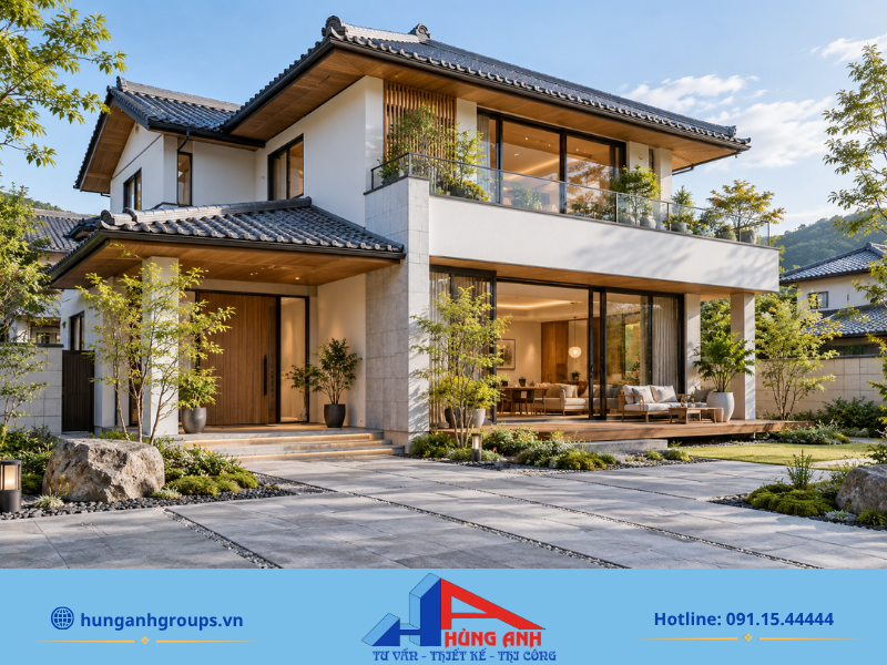 Thiết kế nhà mái Nhật 2 tầng hiện đại với đường nét tối giản và hệ cửa kính lớn giúp tối ưu ánh sáng tự nhiên.