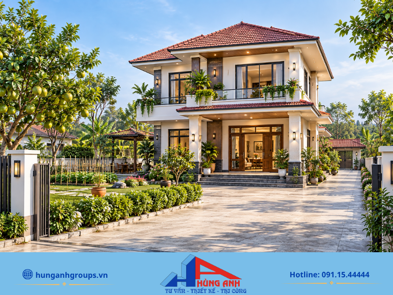 Mẫu nhà mái Nhật 2 tầng ở nông thôn mang nét đẹp mộc mạc, gần gũi với thiên nhiên nhờ khoảng sân vườn rộng rãi.