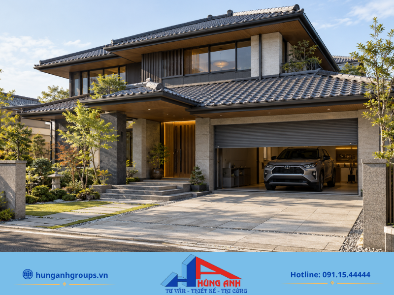 Thiết kế nhà 2 tầng mái Nhật tích hợp gara ô tô tiện lợi, tiết kiệm không gian đỗ xe cho gia đình.