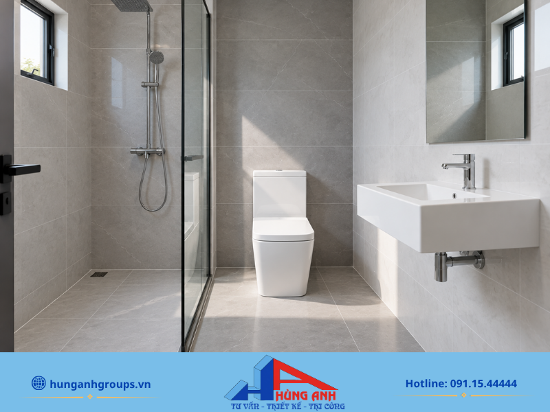 50+ Mẫu Thiết Kế Nhà Vệ Sinh Đẹp, Hiện Đại, Sang Trọng 2026 Phong cách Minimalist tập trung vào sự tinh gọn, đường nét sạch sẽ và tối ưu hóa công năng sử dụng.