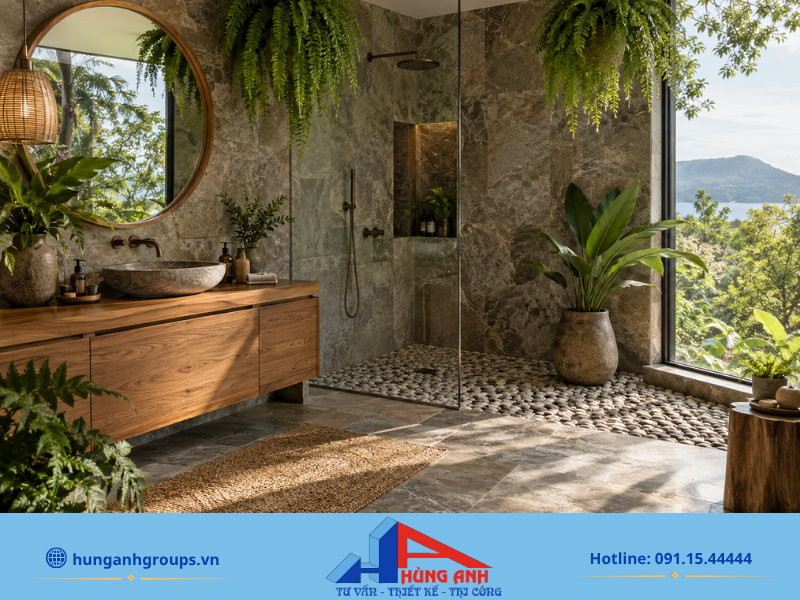 50+ Mẫu Thiết Kế Nhà Vệ Sinh Đẹp, Hiện Đại, Sang Trọng 2026 Phong cách Biophilic đưa cây xanh và vật liệu mộc mạc vào không gian thư giãn hàng ngày của gia đình.