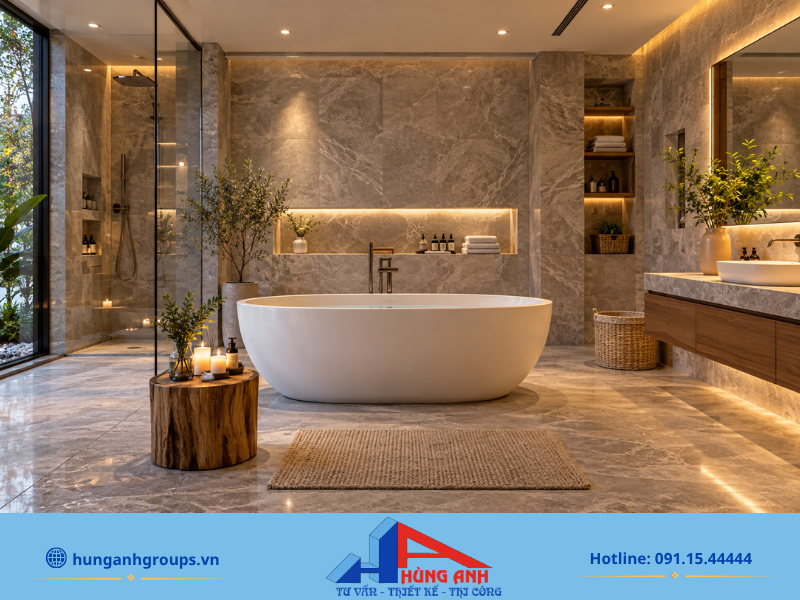 50+ Mẫu Thiết Kế Nhà Vệ Sinh Đẹp, Hiện Đại, Sang Trọng 2026 Mẫu phòng tắm chuẩn spa thư giãn với bồn tắm freestanding và hệ thống ánh sáng vàng dịu ấm cúng.