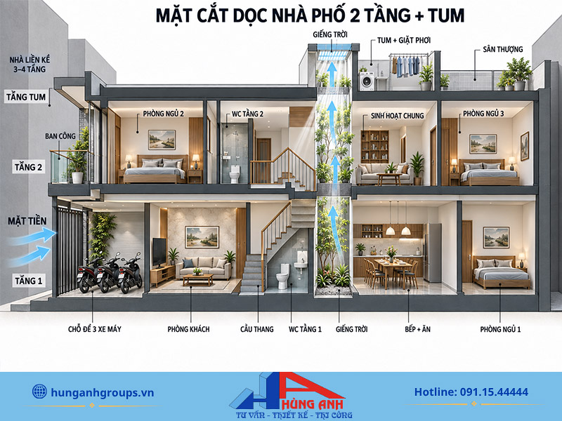 Cải tạo nhà ống 2 tầng trọn gói, thiết kế theo yêu cầu Thiết kế nhà ống 2 tầng 1 tum tối ưu công năng