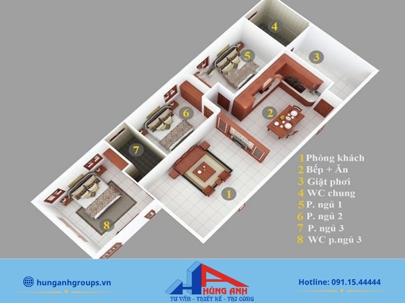 Bản vẽ bố trí mặt bằng công năng nhà cấp 4 3 phòng ngủ diện tích 100m2