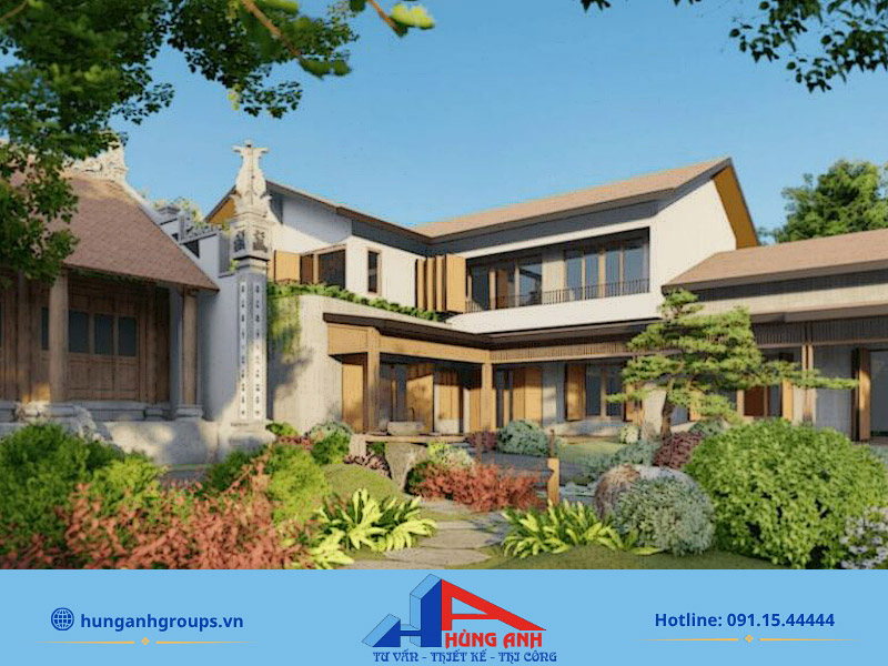 Mẫu biệt thự đẹp phong cách truyền thống Bắc Bộ với nhà 3 gian kết hợp công trình hiện đại