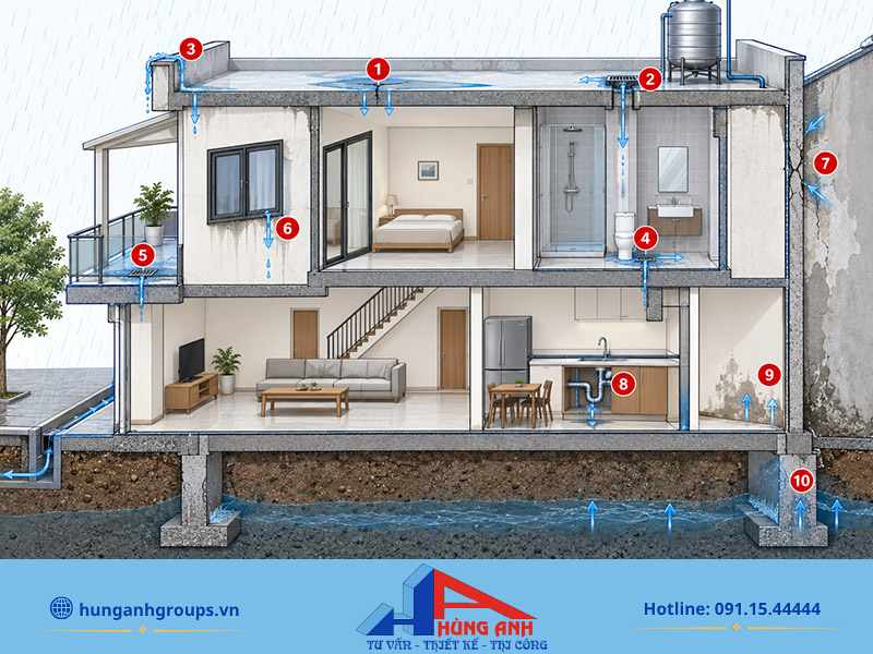 Các vị trí dễ bị thấm dột trong nhà
