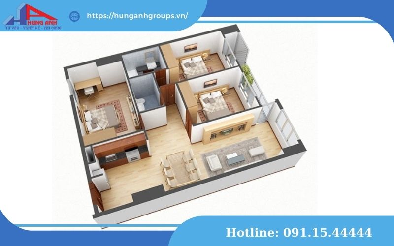 thiết kế chung cư 65m2 2 ngủ