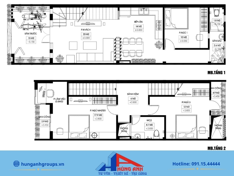 Hồ sơ bản vẽ kỹ thuật phân chia kích thước chuẩn cho mẫu nhà ống 2 tầng diện tích 5x20m