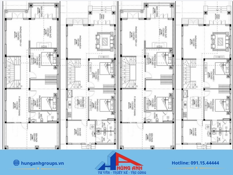 Mặt bằng bố trí 4 phòng ngủ tiện nghi cho mẫu nhà ống 2 tầng diện tích 100m2 sàn