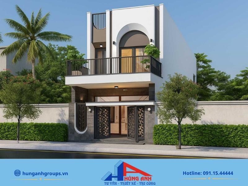 Thiết kế mặt tiền giật cấp mẫu nhà ống 2 tầng 5x20m có ban công rộng hóng gió lý tưởng